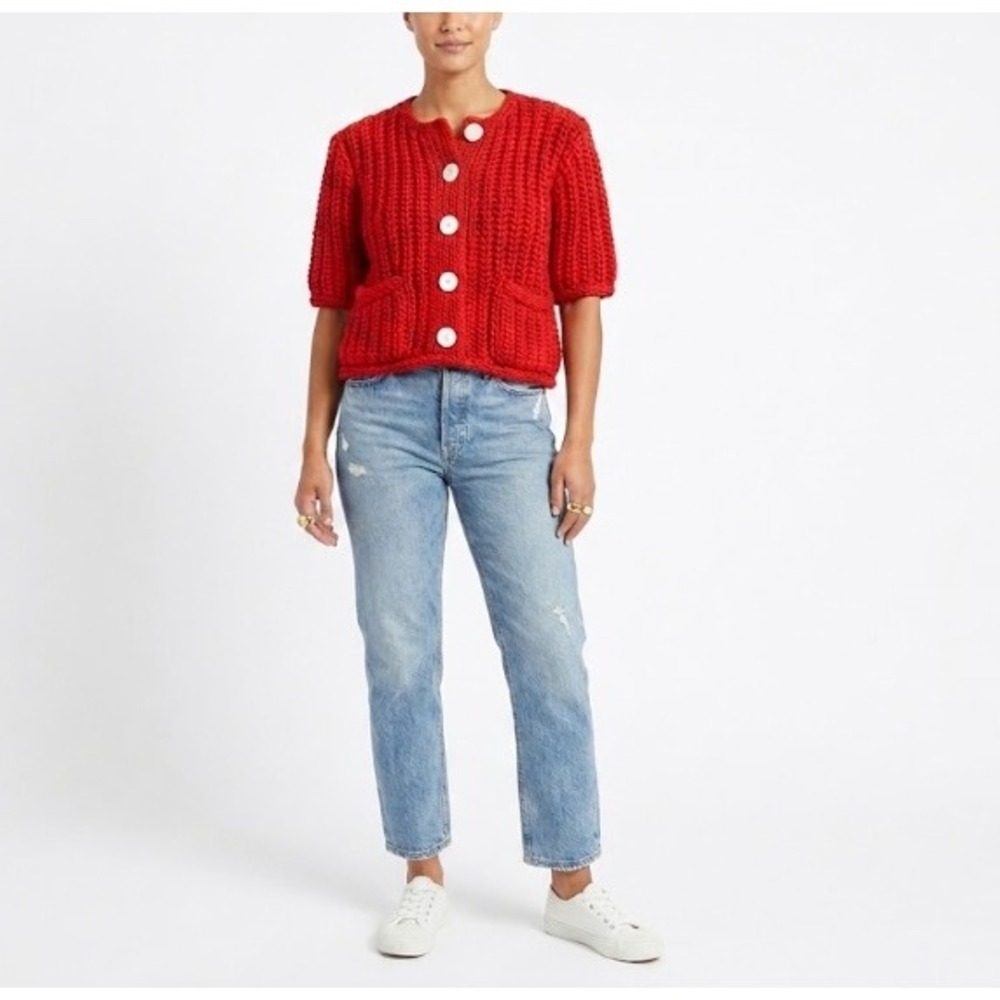 Bohme Women's Red Brenda Chunky Knit Cropped Button Front Cardigan Size XS NWT
